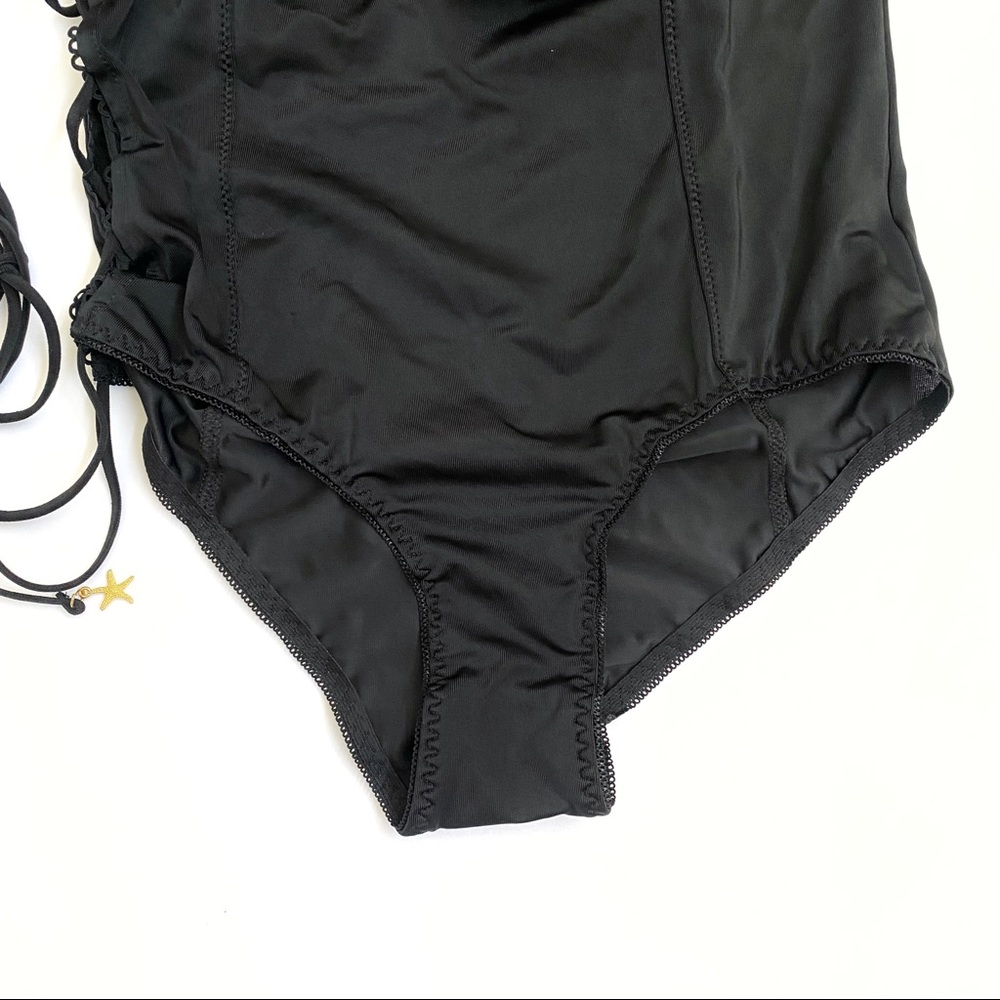 Empress Mimi black ruffle neckline 1 one shoulder lace up side swimsuit bodysuit - Picture 5 of 16